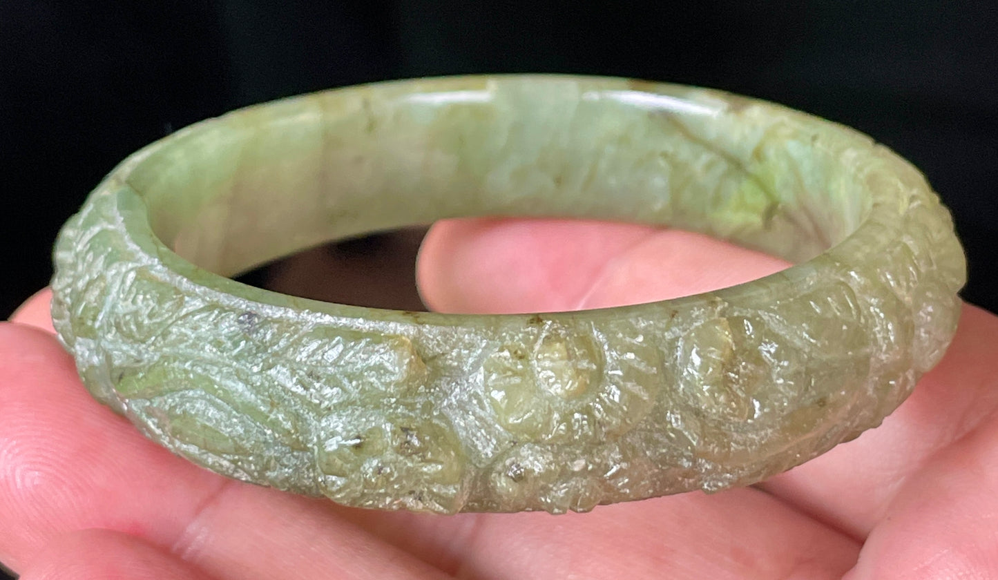 Natural Certified Burmese Jadeite Jade Bangle – Icy Apple Green – Hand-Carved Floral Motif – 58.3mm – JB211