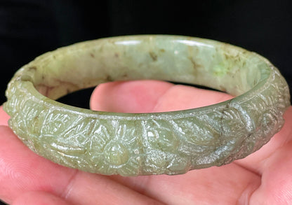 Natural Certified Burmese Jadeite Jade Bangle – Icy Apple Green – Hand-Carved Floral Motif – 58.3mm – JB211