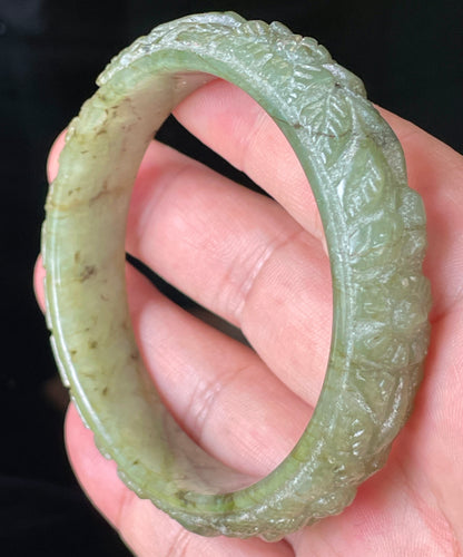 Natural Certified Burmese Jadeite Jade Bangle – Icy Apple Green – Hand-Carved Floral Motif – 58.3mm – JB211