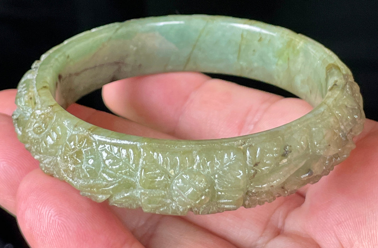 Natural Certified Burmese Jadeite Jade Bangle – Icy Apple Green – Hand-Carved Floral Motif – 58.3mm – JB211