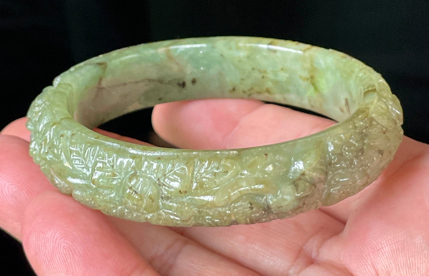 Natural Certified Burmese Jadeite Jade Bangle – Icy Apple Green – Hand-Carved Floral Motif – 58.3mm – JB211