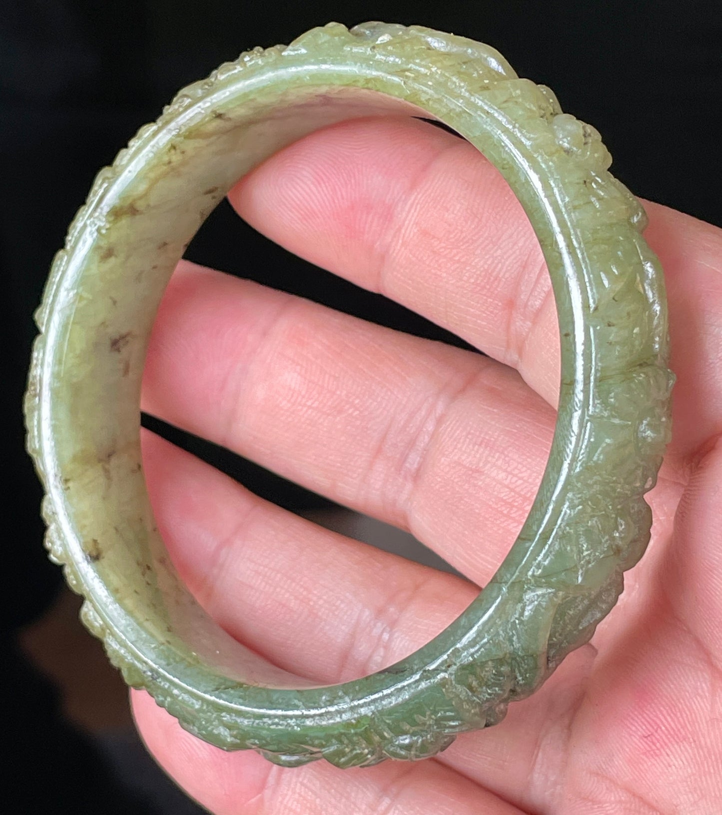 Natural Certified Burmese Jadeite Jade Bangle – Icy Apple Green – Hand-Carved Floral Motif – 58.3mm – JB211