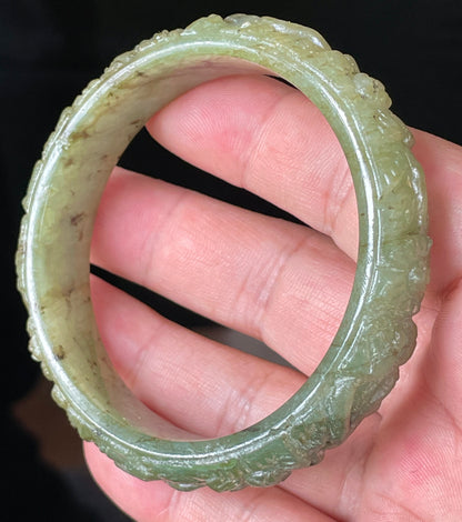 Natural Certified Burmese Jadeite Jade Bangle – Icy Apple Green – Hand-Carved Floral Motif – 58.3mm – JB211