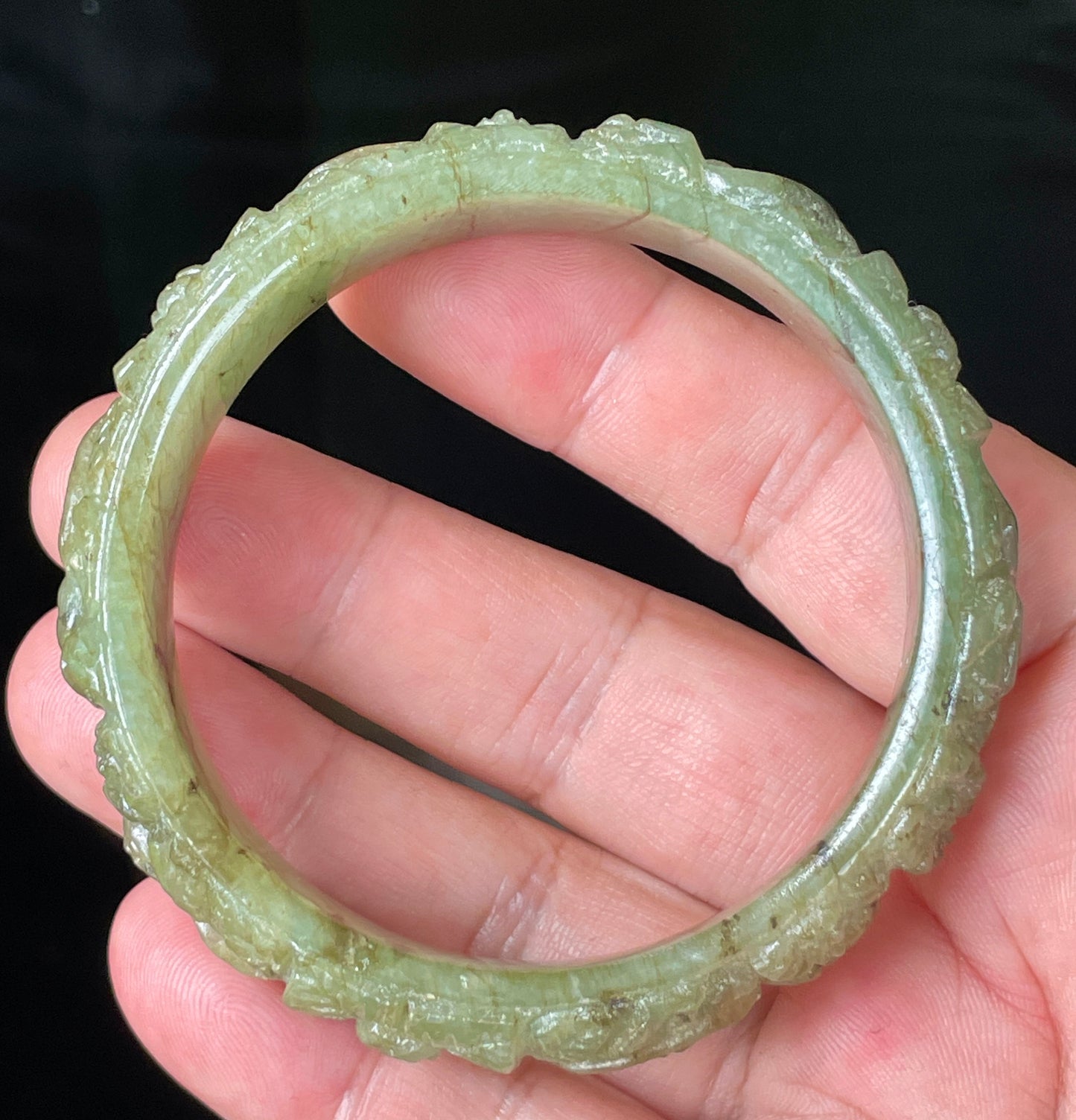 Natural Certified Burmese Jadeite Jade Bangle – Icy Apple Green – Hand-Carved Floral Motif – 58.3mm – JB211
