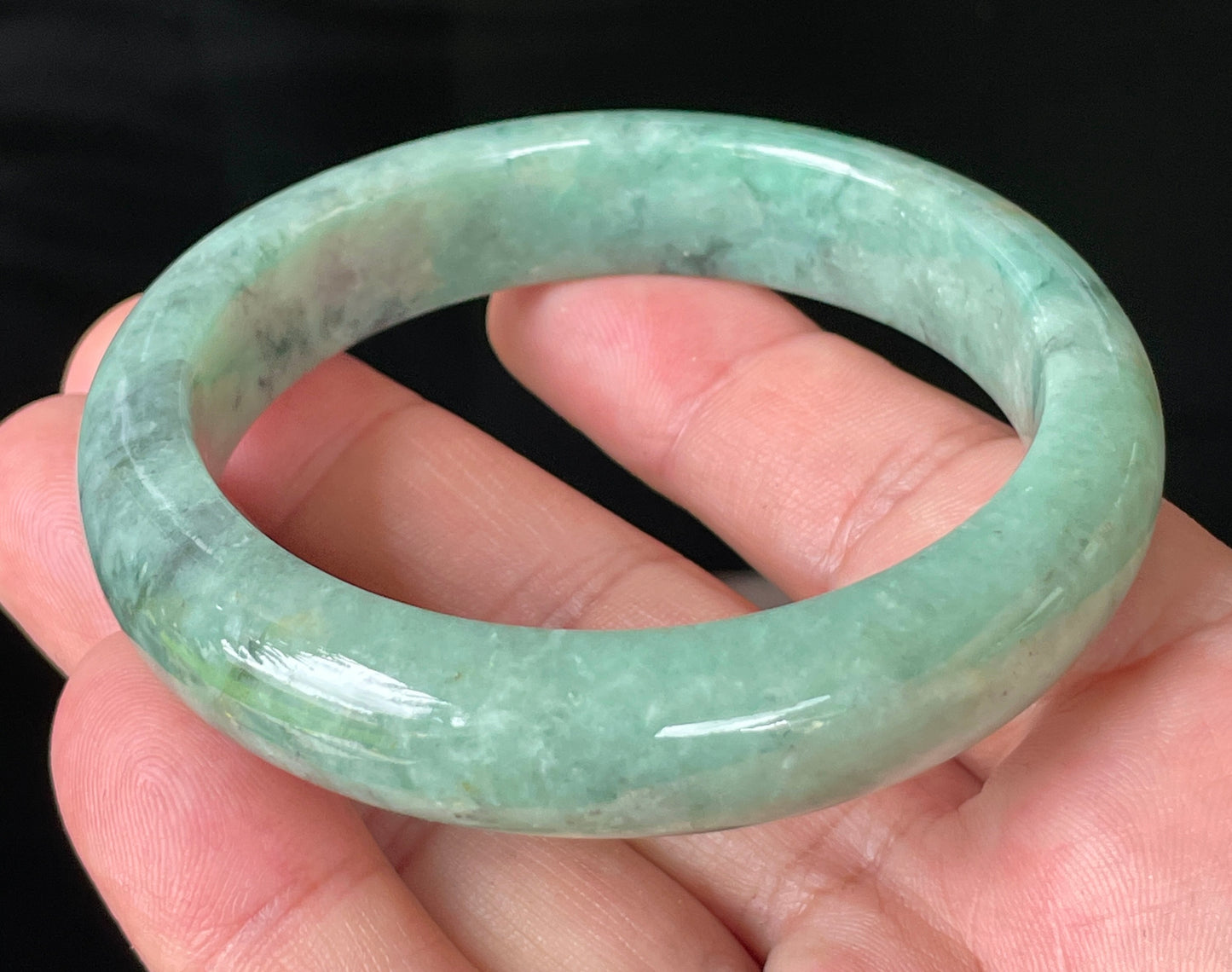 Natural Certified Burmese Jadeite Jade Bangle – Icy Apple Green with Grey-Blackish & Honeycomb Hues – 57mm – JB205