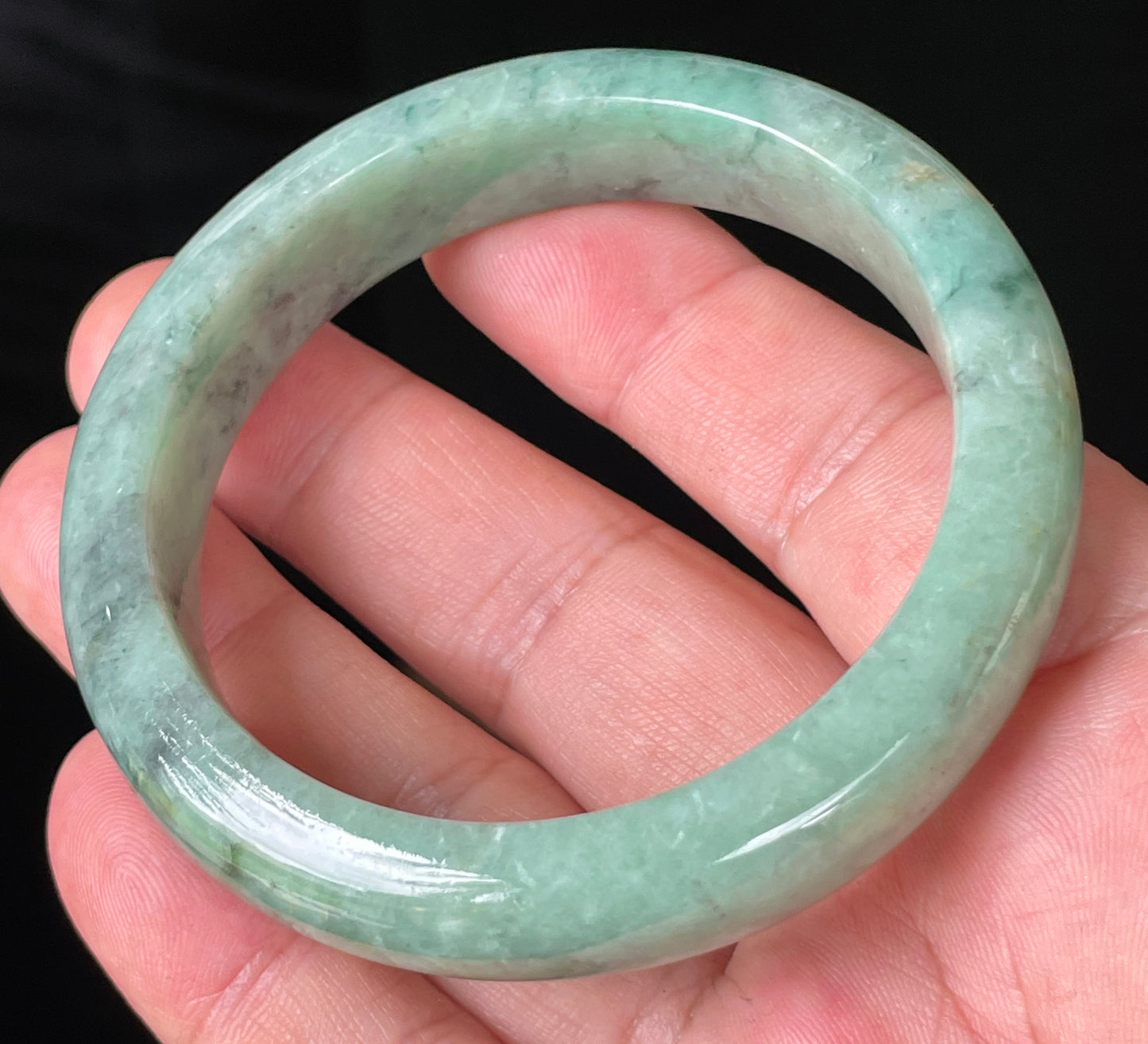 Natural Certified Burmese Jadeite Jade Bangle – Icy Apple Green with Grey-Blackish & Honeycomb Hues – 57mm – JB205