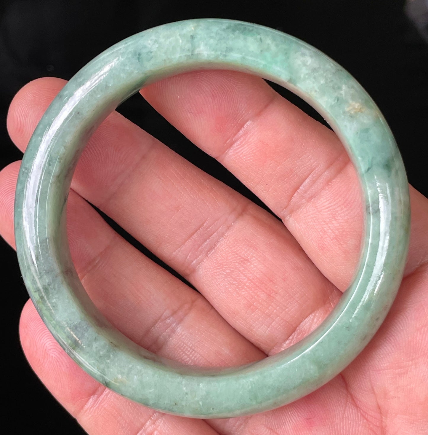Natural Certified Burmese Jadeite Jade Bangle – Icy Apple Green with Grey-Blackish & Honeycomb Hues – 57mm – JB205