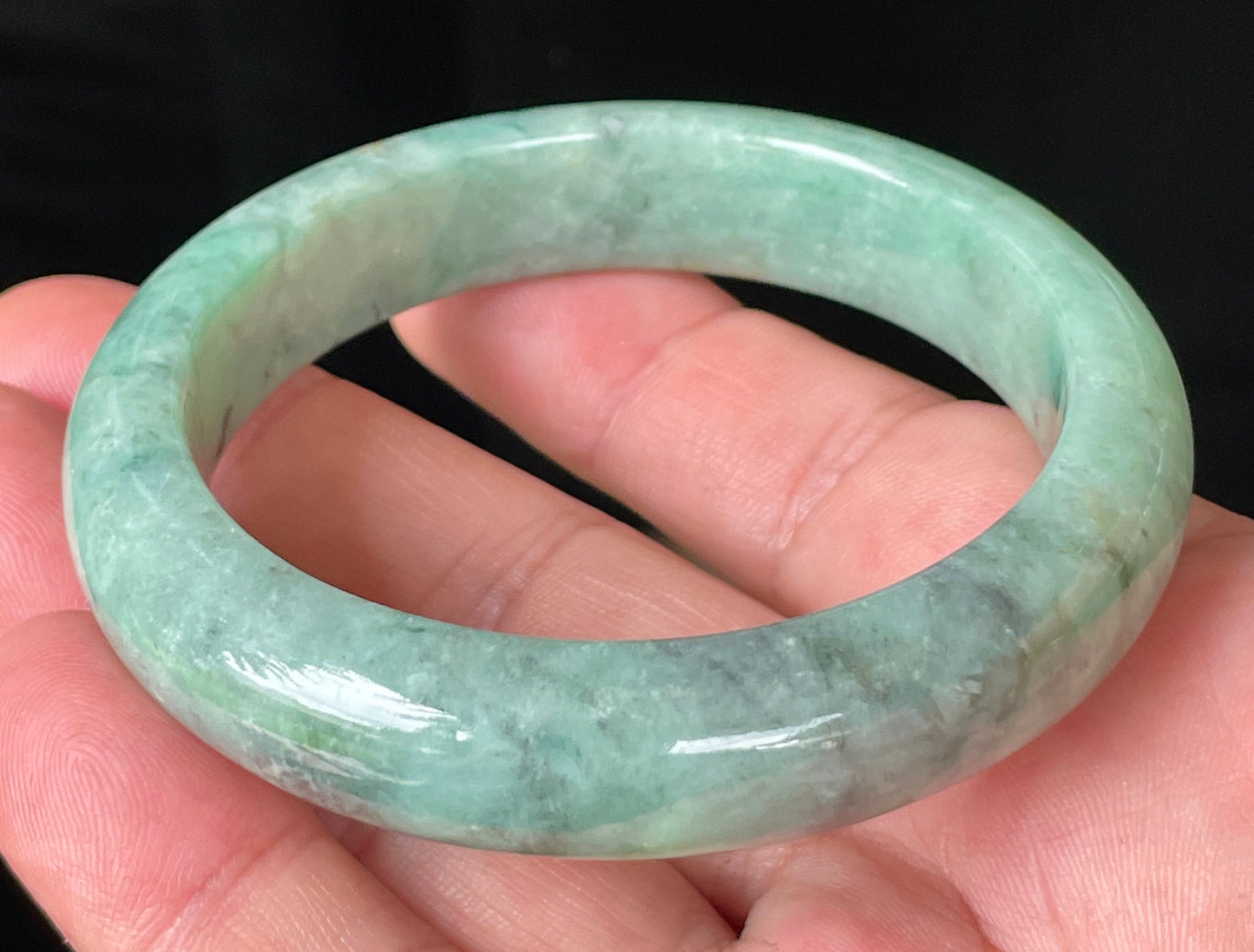 Natural Certified Burmese Jadeite Jade Bangle – Icy Apple Green with Grey-Blackish & Honeycomb Hues – 57mm – JB205