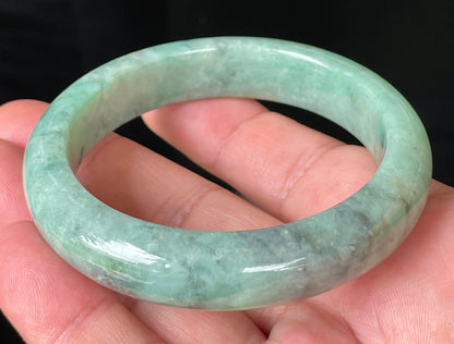 Natural Certified Burmese Jadeite Jade Bangle – Icy Apple Green with Grey-Blackish & Honeycomb Hues – 57mm – JB205