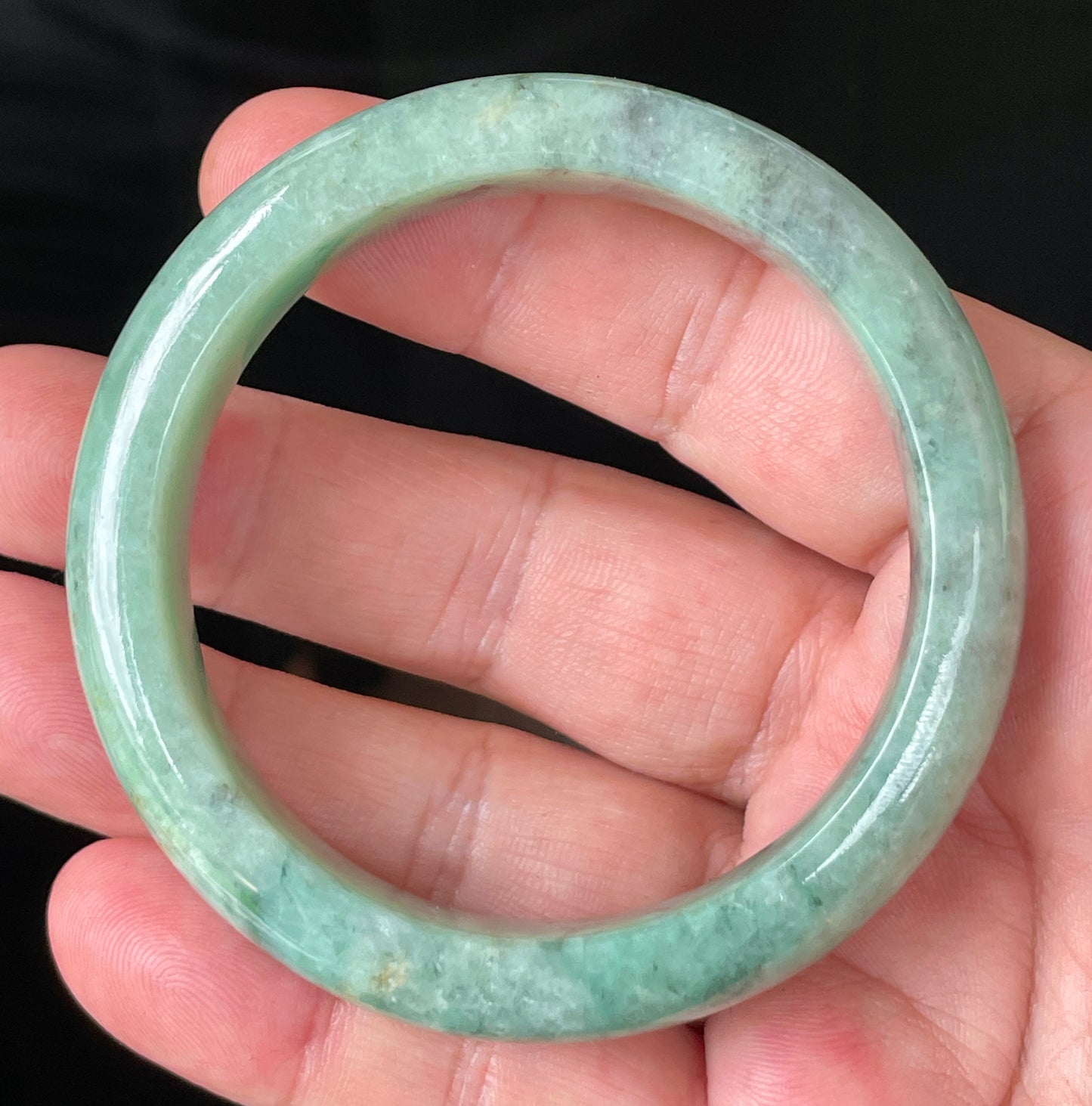 Natural Certified Burmese Jadeite Jade Bangle – Icy Apple Green with Grey-Blackish & Honeycomb Hues – 57mm – JB205
