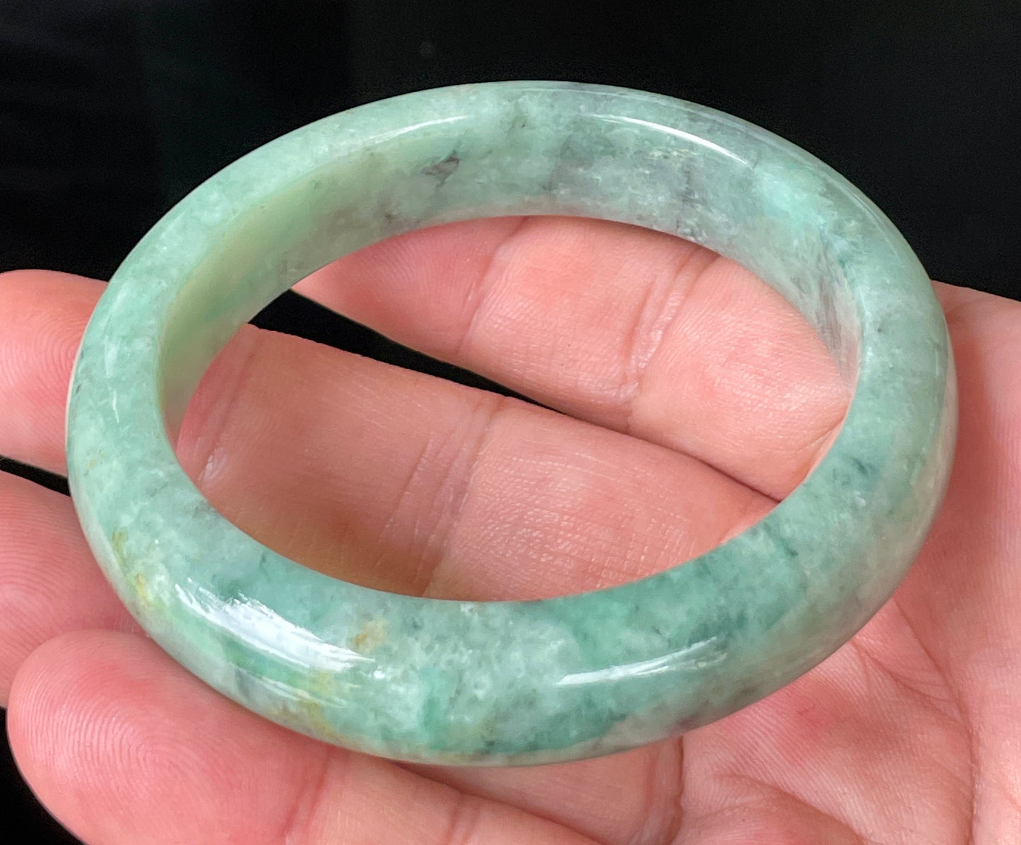 Natural Certified Burmese Jadeite Jade Bangle – Icy Apple Green with Grey-Blackish & Honeycomb Hues – 57mm – JB205