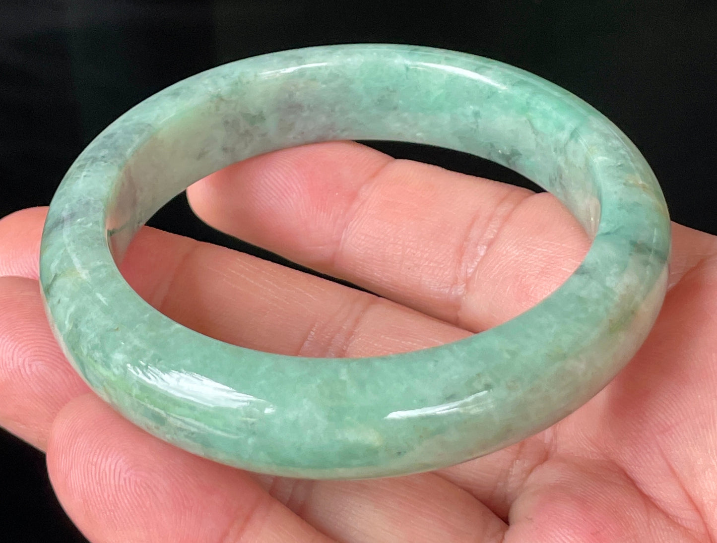 Natural Certified Burmese Jadeite Jade Bangle – Icy Apple Green with Grey-Blackish & Honeycomb Hues – 57mm – JB205