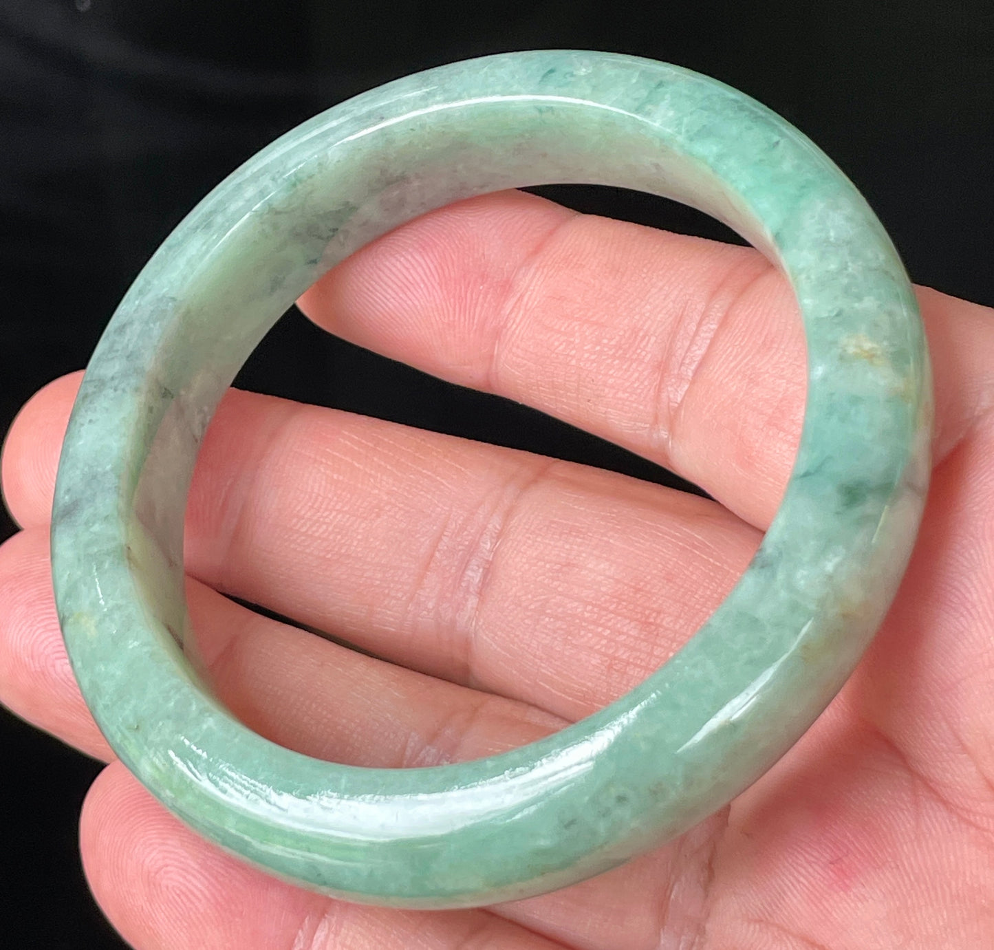 Natural Certified Burmese Jadeite Jade Bangle – Icy Apple Green with Grey-Blackish & Honeycomb Hues – 57mm – JB205