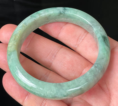 Natural Certified Burmese Jadeite Jade Bangle – Icy Apple Green with Grey-Blackish & Honeycomb Hues – 57mm – JB205