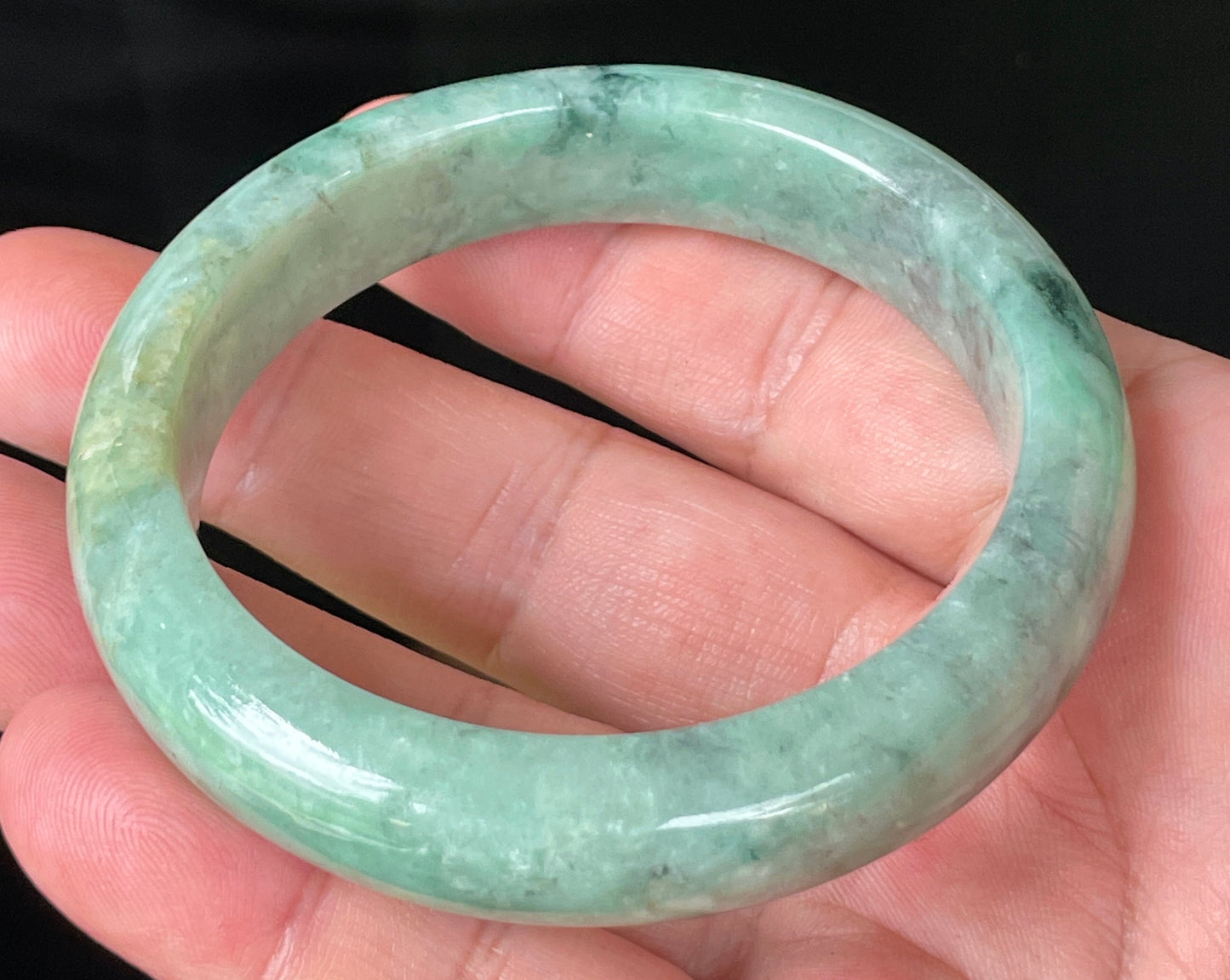 Natural Certified Burmese Jadeite Jade Bangle – Icy Apple Green with Grey-Blackish & Honeycomb Hues – 57mm – JB205