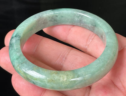 Natural Certified Burmese Jadeite Jade Bangle – Icy Apple Green with Grey-Blackish & Honeycomb Hues – 57mm – JB205