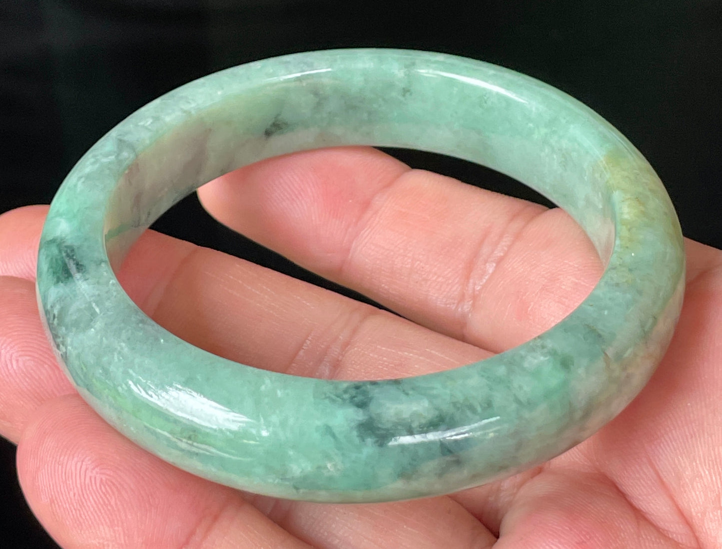 Natural Certified Burmese Jadeite Jade Bangle – Icy Apple Green with Grey-Blackish & Honeycomb Hues – 57mm – JB205