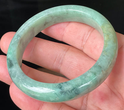Natural Certified Burmese Jadeite Jade Bangle – Icy Apple Green with Grey-Blackish & Honeycomb Hues – 57mm – JB205