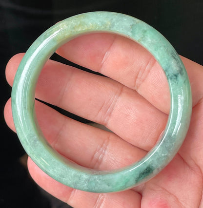 Natural Certified Burmese Jadeite Jade Bangle – Icy Apple Green with Grey-Blackish & Honeycomb Hues – 57mm – JB205