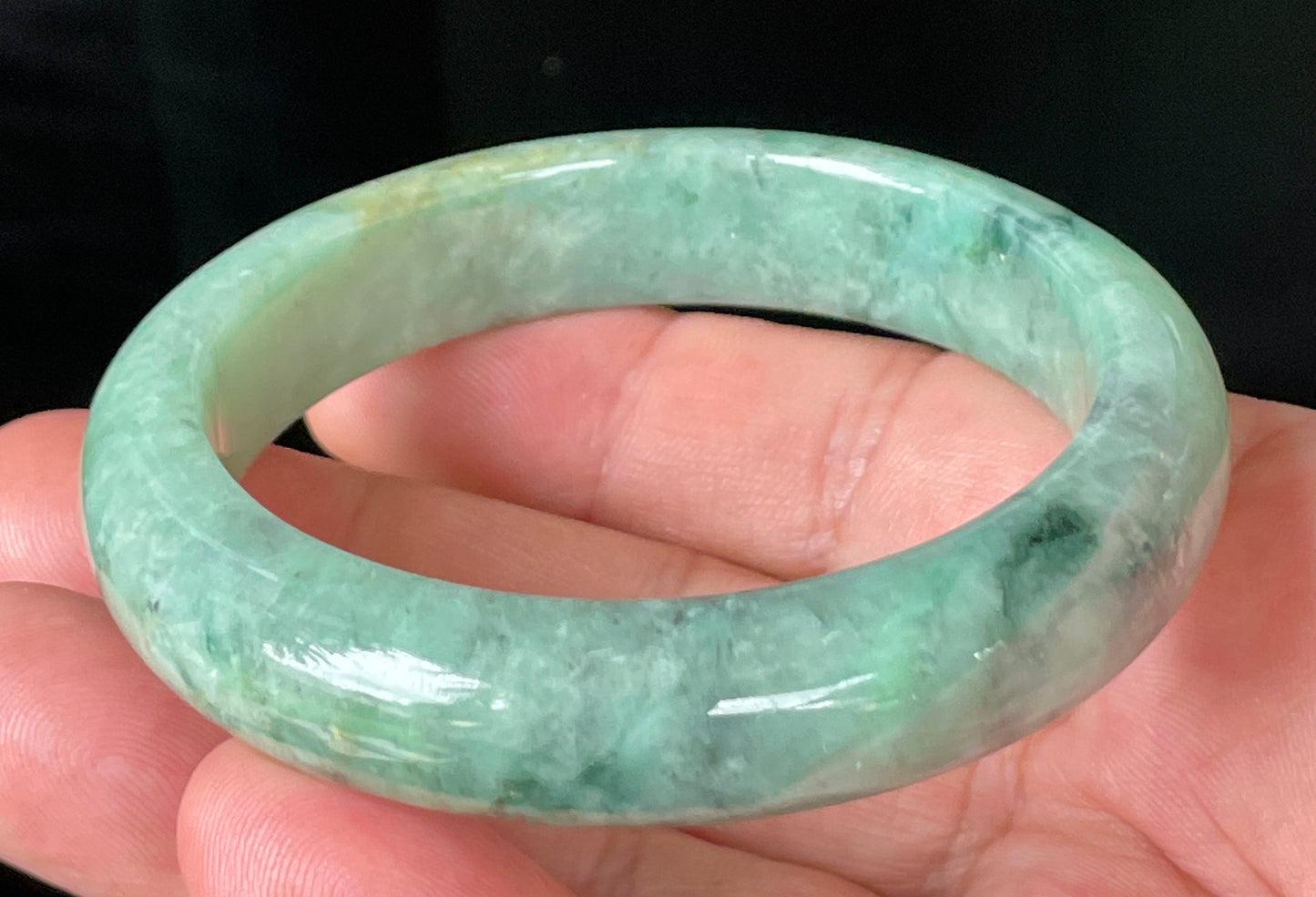 Natural Certified Burmese Jadeite Jade Bangle – Icy Apple Green with Grey-Blackish & Honeycomb Hues – 57mm – JB205