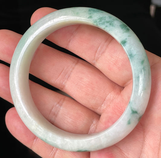 Natural Grade A Certified Burmese Jadeite Jade Bangle – Icy Imperial Green, Milky White & Honeycomb – 58.5mm – JB214