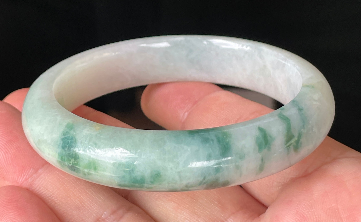Natural Certified Burmese Jadeite Jade Bangle – Icy Imperial Green, Milky White & Honeycomb – 58.5mm – JB214