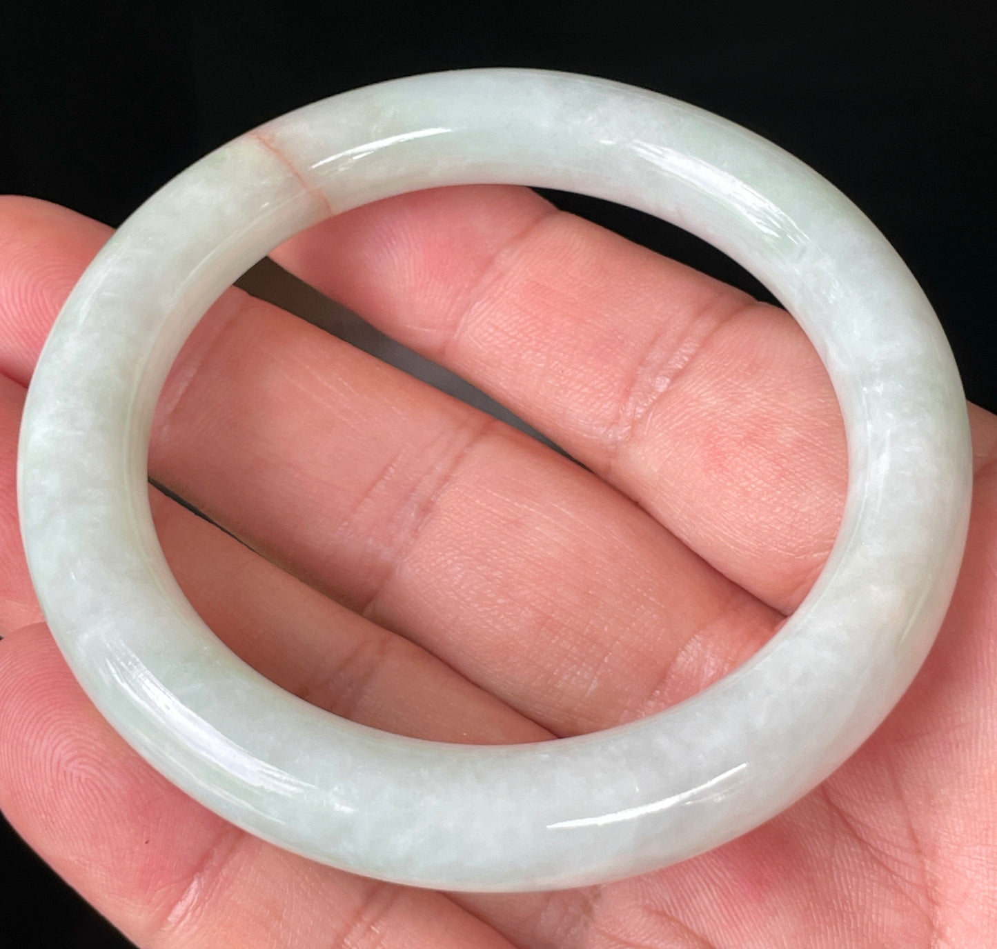 Natural Burmese Jadeite Jade Bangle – Icy Milky White & Apple Green with Orange Line – Princess Cut – 55.8mm – JB157