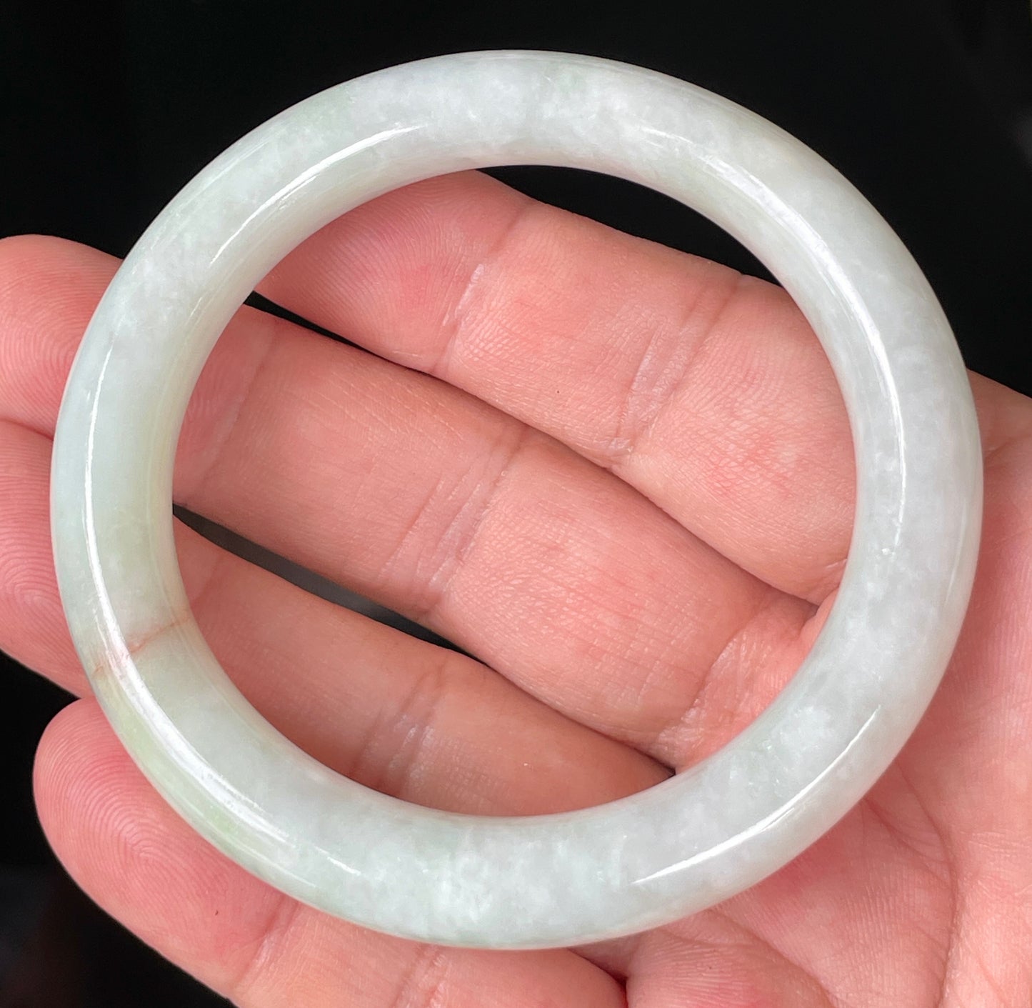 Natural Burmese Jadeite Jade Bangle – Icy Milky White & Apple Green with Orange Line – Princess Cut – 55.8mm – JB157