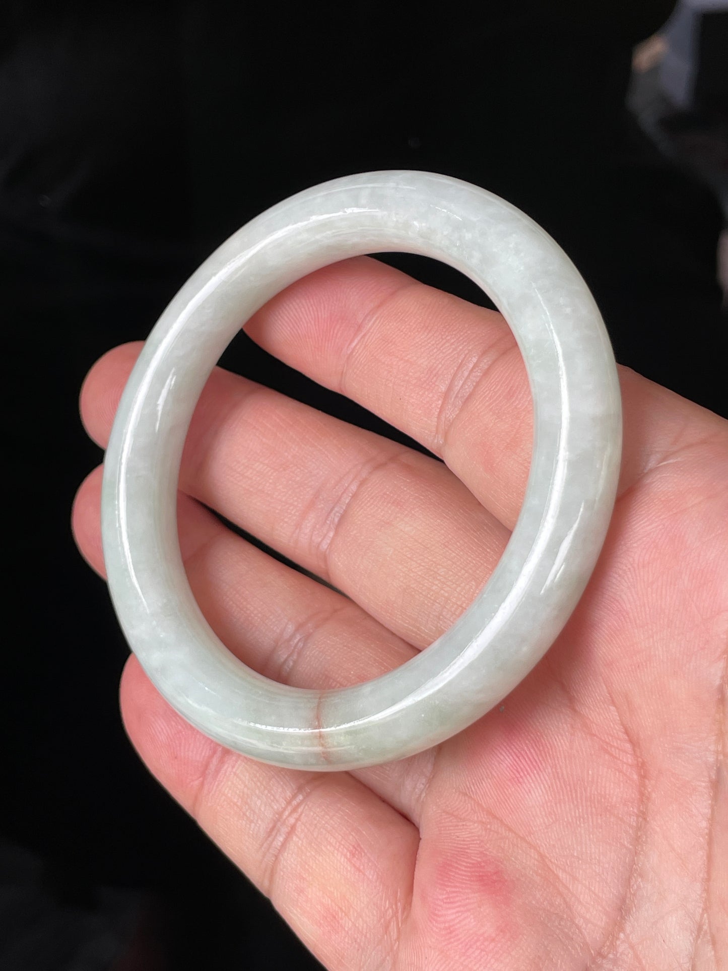 Natural Burmese Jadeite Jade Bangle – Icy Milky White & Apple Green with Orange Line – Princess Cut – 55.8mm – JB157