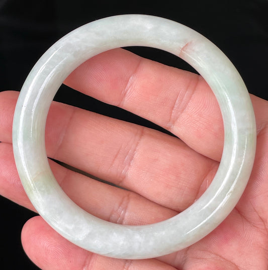 Natural Burmese Jadeite Jade Bangle – Icy Milky White & Apple Green with Orange Line – Princess Cut – 55.8mm – JB157