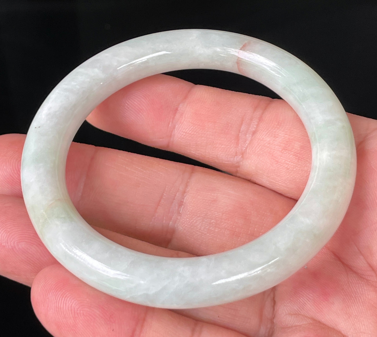 Natural Burmese Jadeite Jade Bangle – Icy Milky White & Apple Green with Orange Line – Princess Cut – 55.8mm – JB157