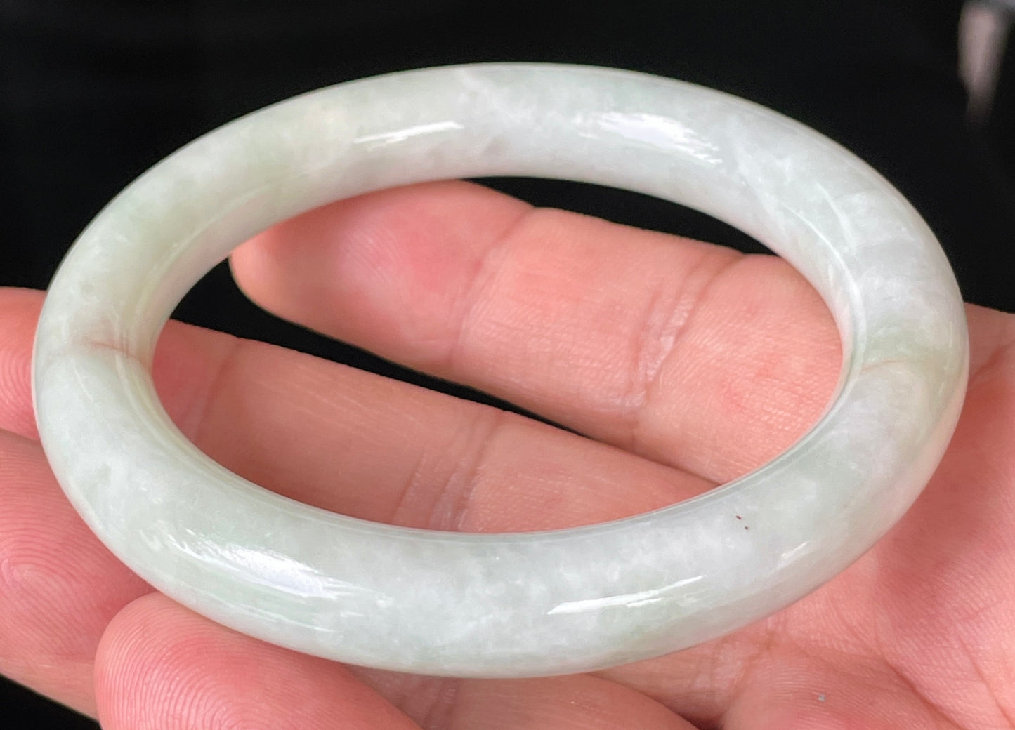 Natural Burmese Jadeite Jade Bangle – Icy Milky White & Apple Green with Orange Line – Princess Cut – 55.8mm – JB157