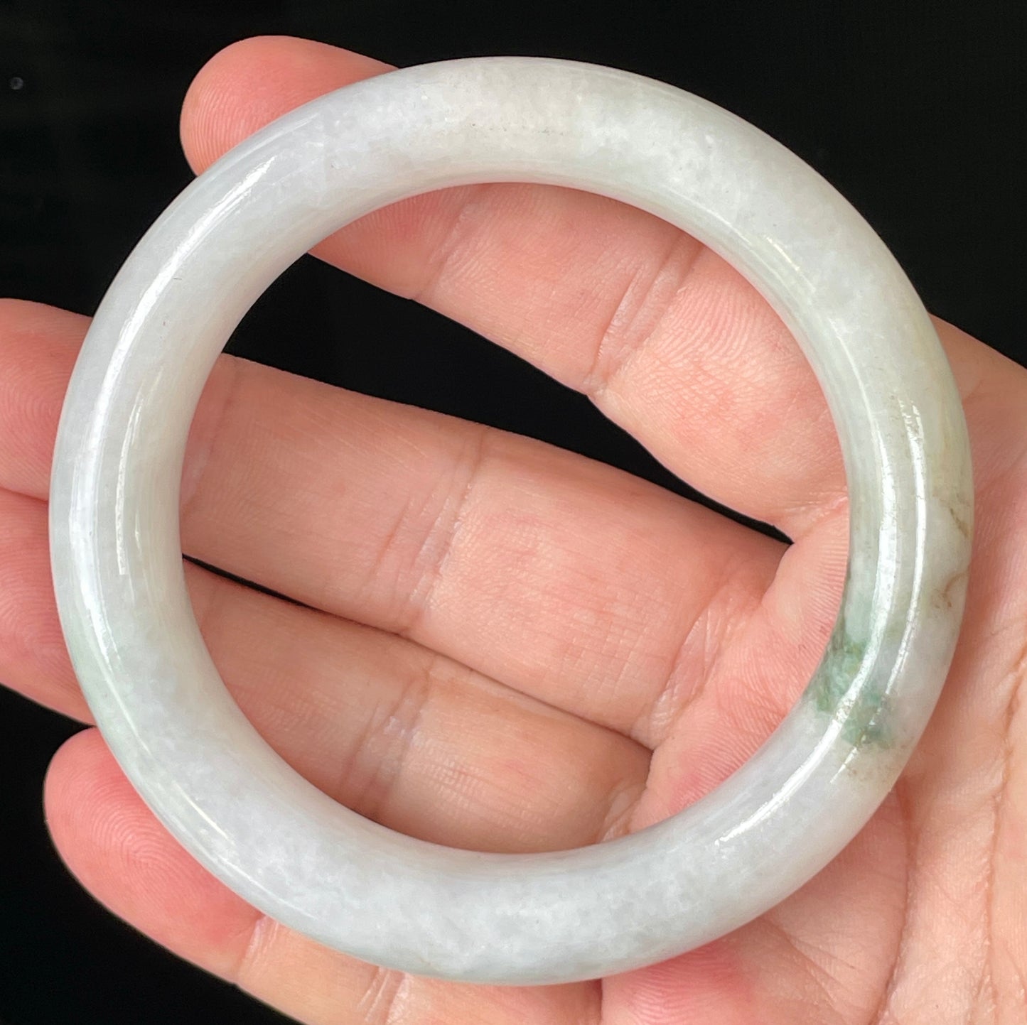 Natural Burmese Jadeite Jade Bangle – Icy Milky White & Imperial Green with Apple Green Veins – Princess Cut – 57.8mm – JB155