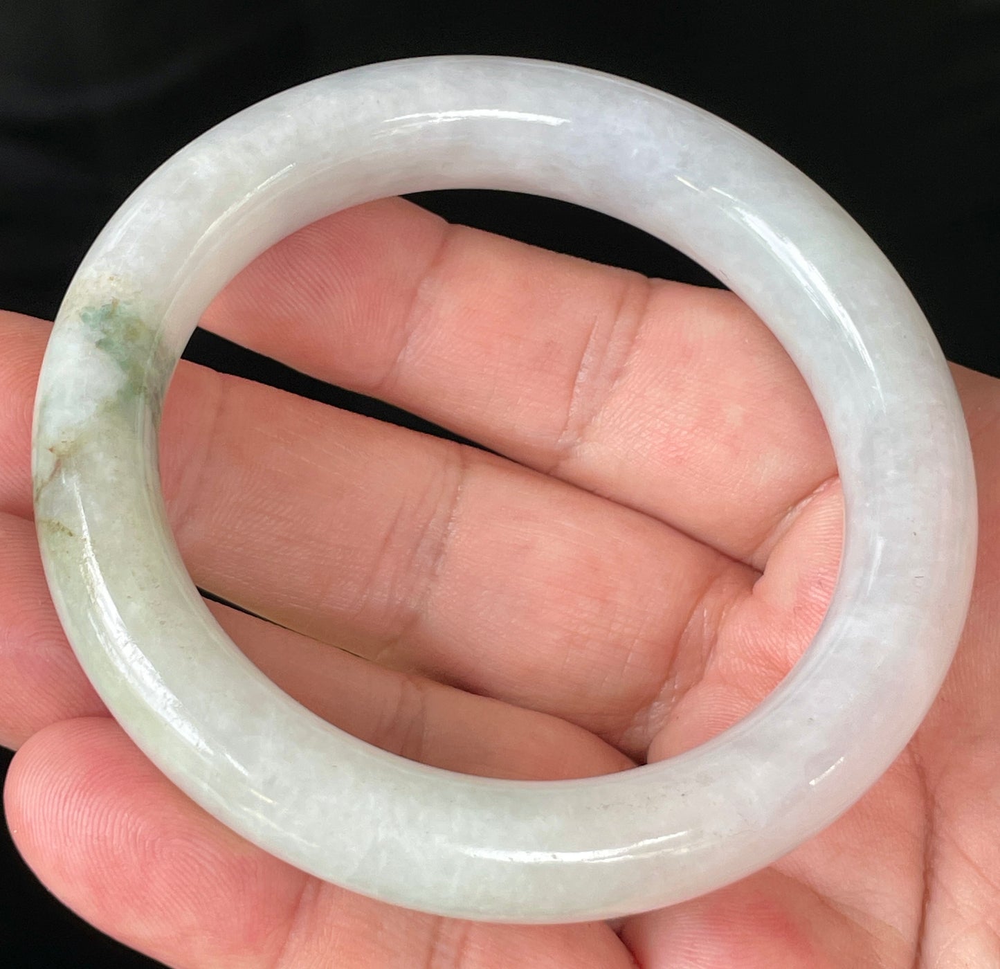 Natural Burmese Jadeite Jade Bangle – Icy Milky White & Imperial Green with Apple Green Veins – Princess Cut – 57.8mm – JB155