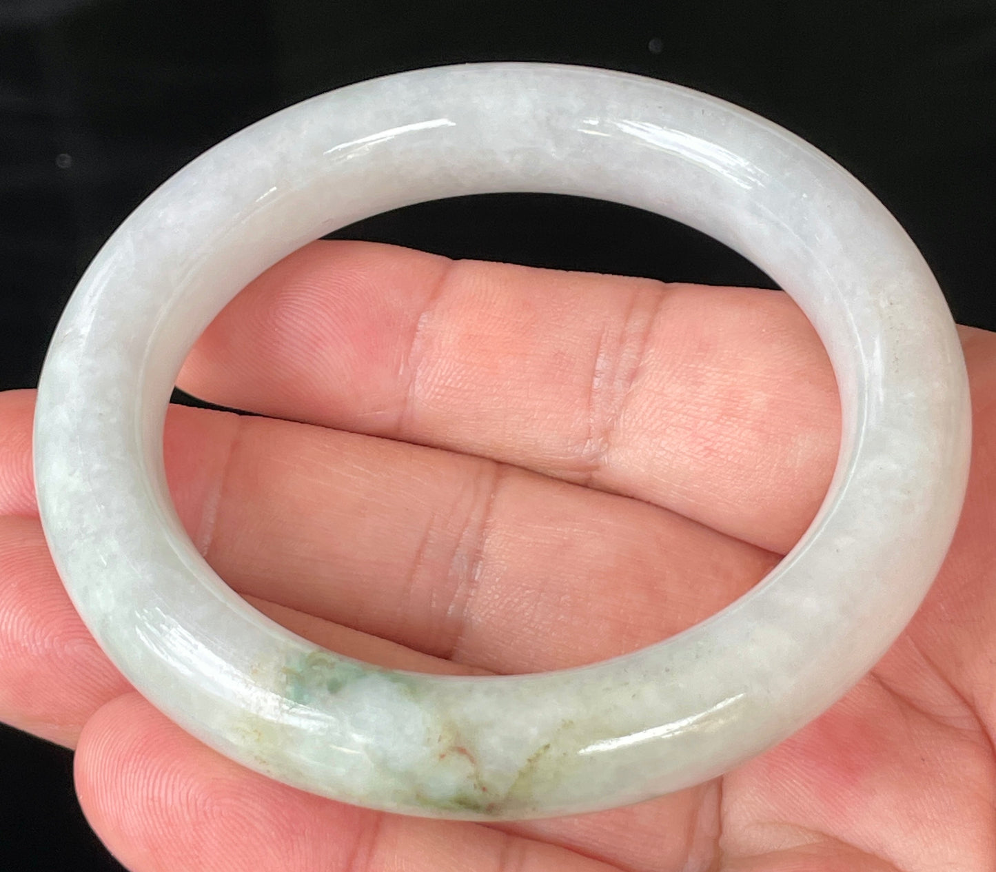 Natural Burmese Jadeite Jade Bangle – Icy Milky White & Imperial Green with Apple Green Veins – Princess Cut – 57.8mm – JB155