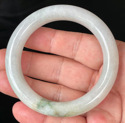Natural Burmese Jadeite Jade Bangle – Icy Milky White & Imperial Green with Apple Green Veins – Princess Cut – 57.8mm – JB155