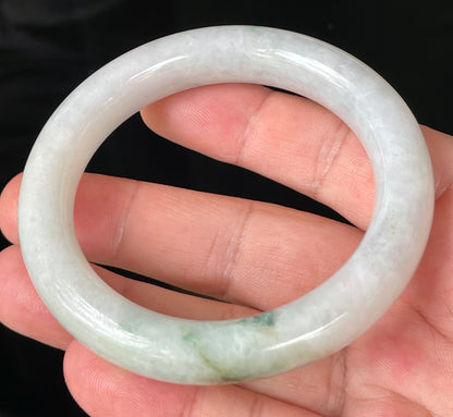 Natural Burmese Jadeite Jade Bangle – Icy Milky White & Imperial Green with Apple Green Veins – Princess Cut – 57.8mm – JB155