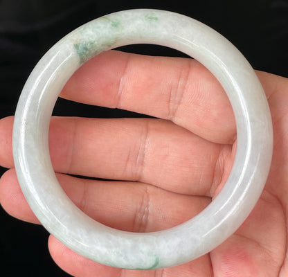 Natural Burmese Jadeite Jade Bangle – Icy Milky White & Imperial Green with Apple Green Veins – Princess Cut – 57.8mm – JB155