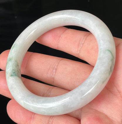 Natural Burmese Jadeite Jade Bangle – Icy Milky White & Imperial Green with Apple Green Veins – Princess Cut – 57.8mm – JB155