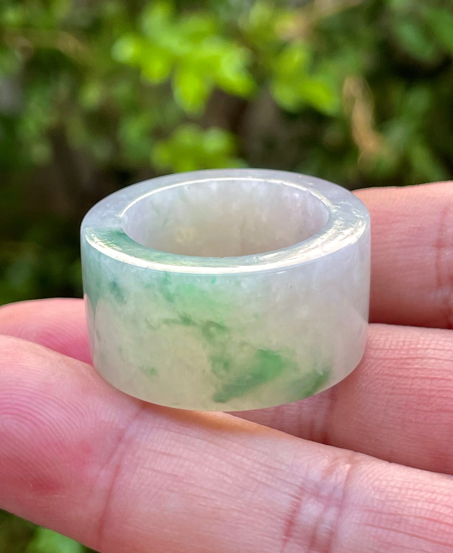 Natural Burmese Jadeite Jade Ring – Icy Green & Milky White – Wide Tube Thumb/Band Style – Rounded & Polished – JRN023