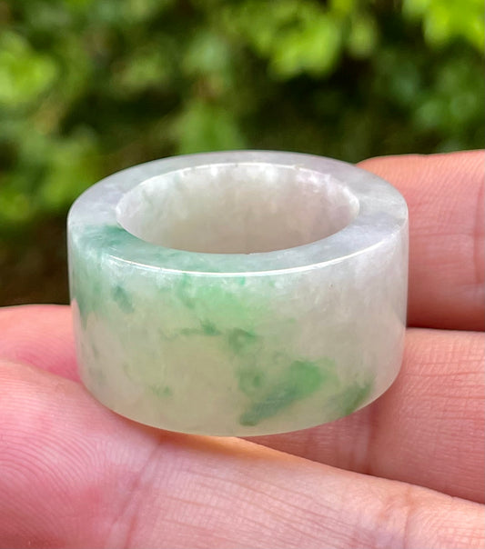 Natural Burmese Jadeite Jade Ring – Icy Green & Milky White – Wide Tube Thumb/Band Style – Rounded & Polished – JRN023