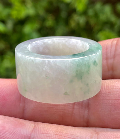 Natural Burmese Jadeite Jade Ring – Icy Green & Milky White – Wide Tube Thumb/Band Style – Rounded & Polished – JRN023