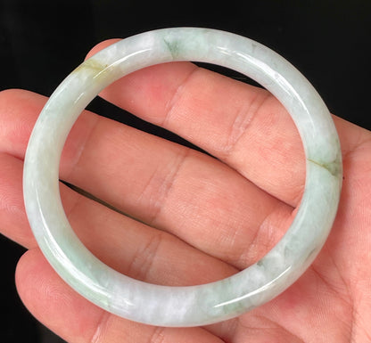 Natural Burmese Jadeite Jade Bangle – Icy Milky White & Apple Green with Honey Hues – Princess Cut – 56.9mm – JB159