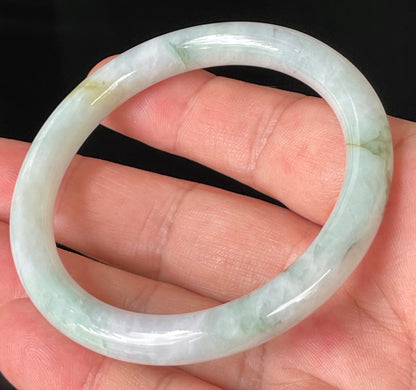 Natural Burmese Jadeite Jade Bangle – Icy Milky White & Apple Green with Honey Hues – Princess Cut – 56.9mm – JB159