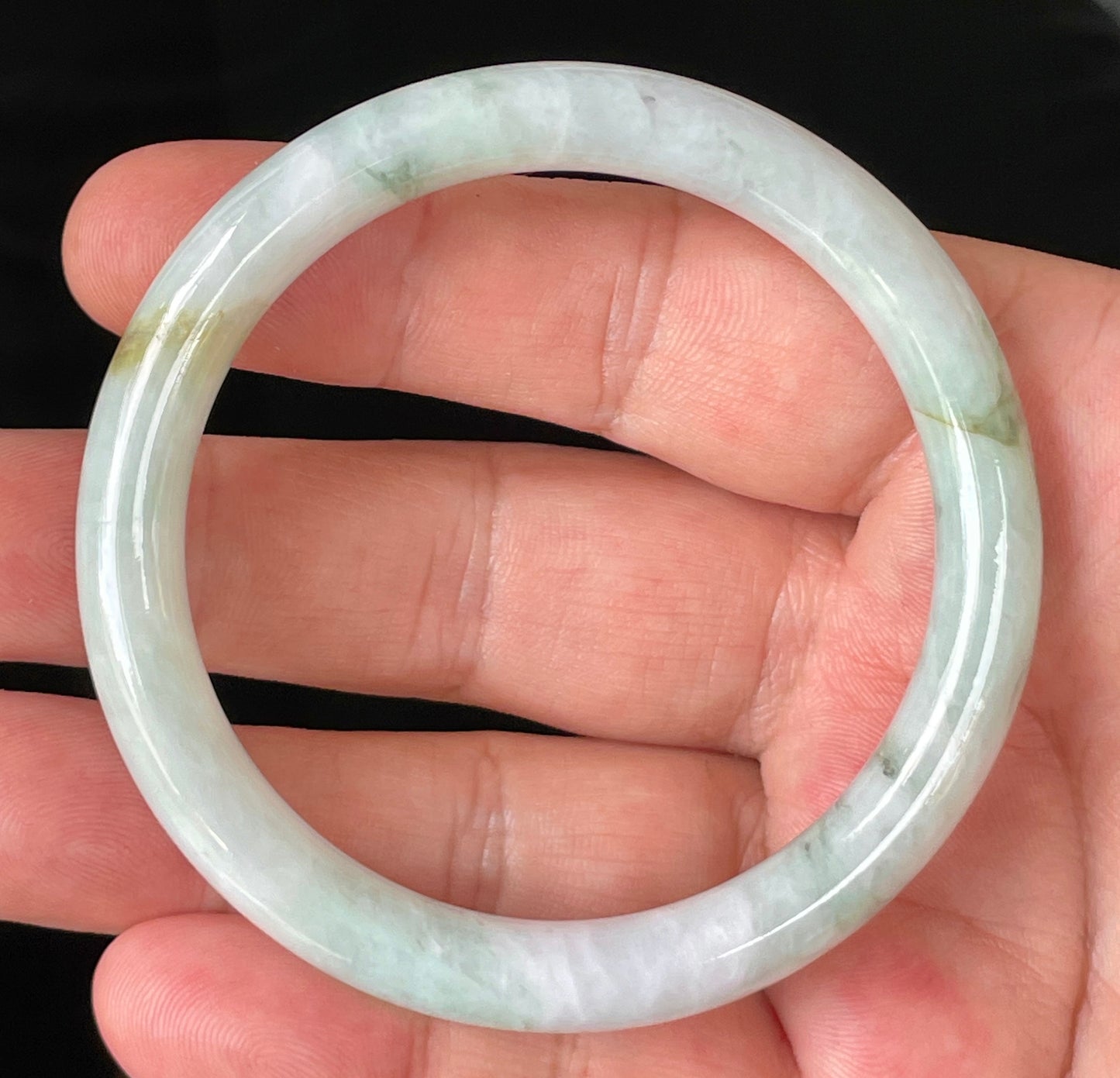 Natural Burmese Jadeite Jade Bangle – Icy Milky White & Apple Green with Honey Hues – Princess Cut – 56.9mm – JB159