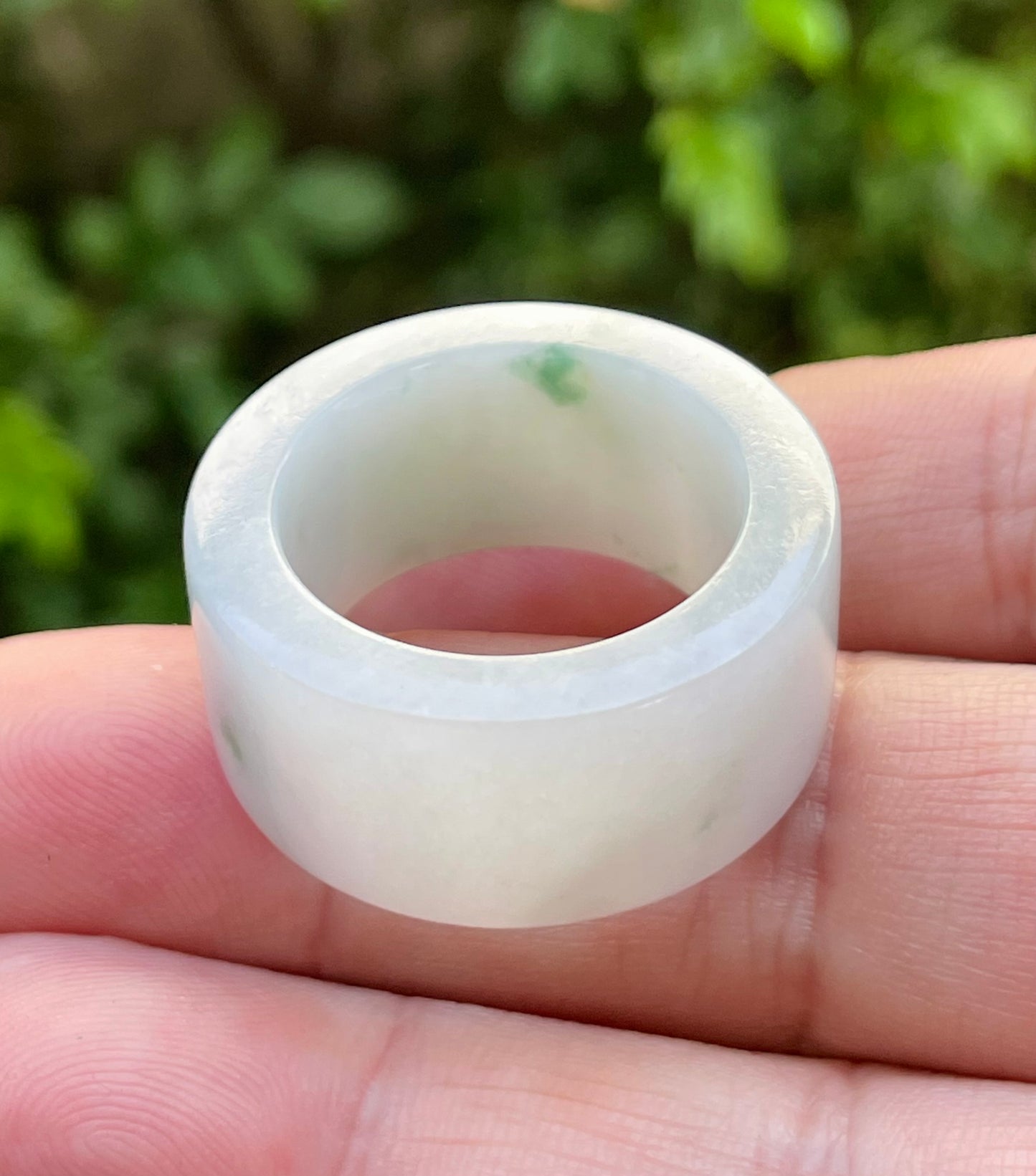 Natural Burmese Jadeite Jade Ring – Icy Milky White & Imperial Green – Wide Tube Thumb/Band Style – Rounded & Polished – JRN024