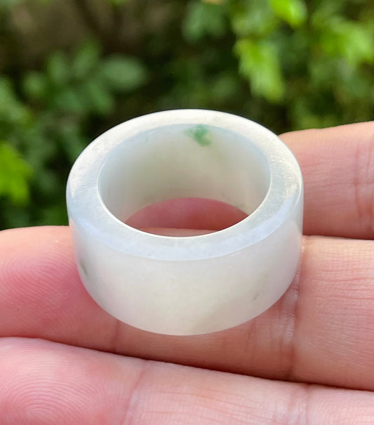 Natural Burmese Jadeite Jade Ring – Icy Milky White & Imperial Green – Wide Tube Thumb/Band Style – Rounded & Polished – JRN024