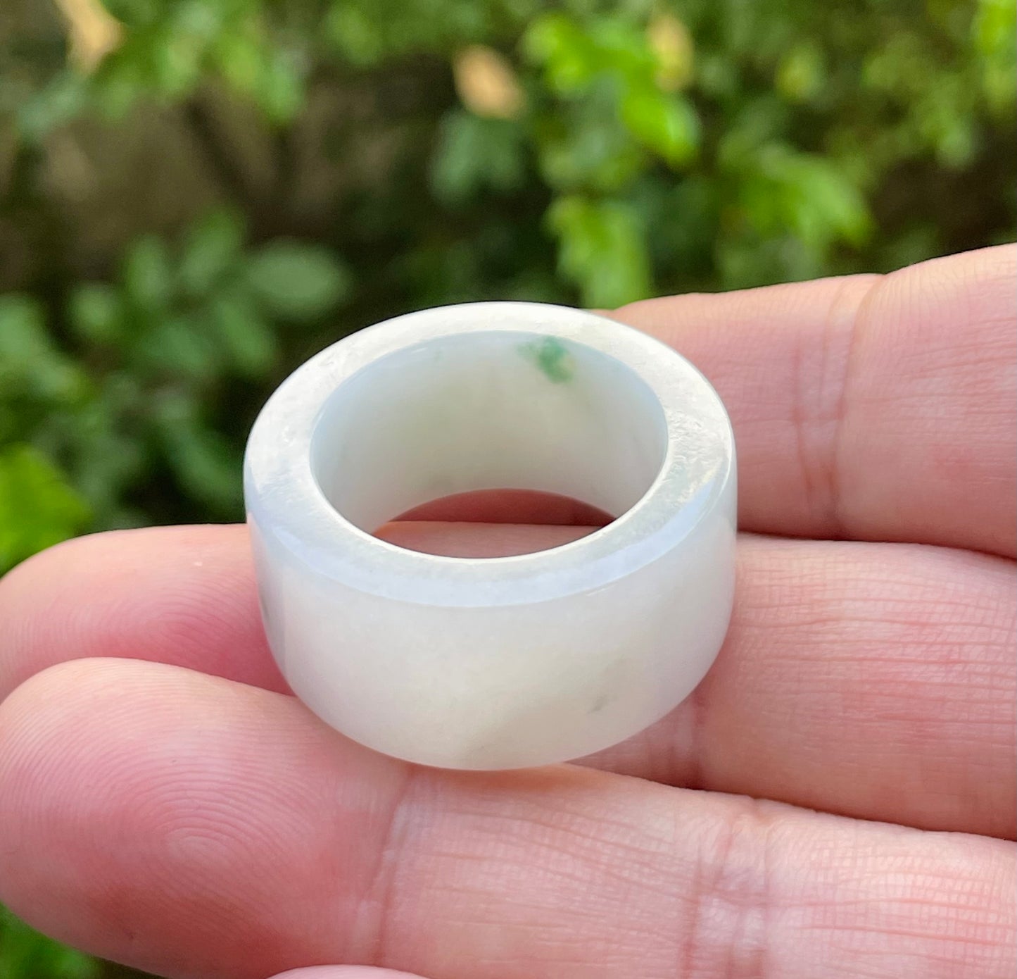 Natural Burmese Jadeite Jade Ring – Icy Milky White & Imperial Green – Wide Tube Thumb/Band Style – Rounded & Polished – JRN024