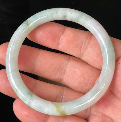 Natural Burmese Jadeite Jade Bangle – Icy Milky White & Apple Green with Honey Hues – Princess Cut – 56.9mm – JB159