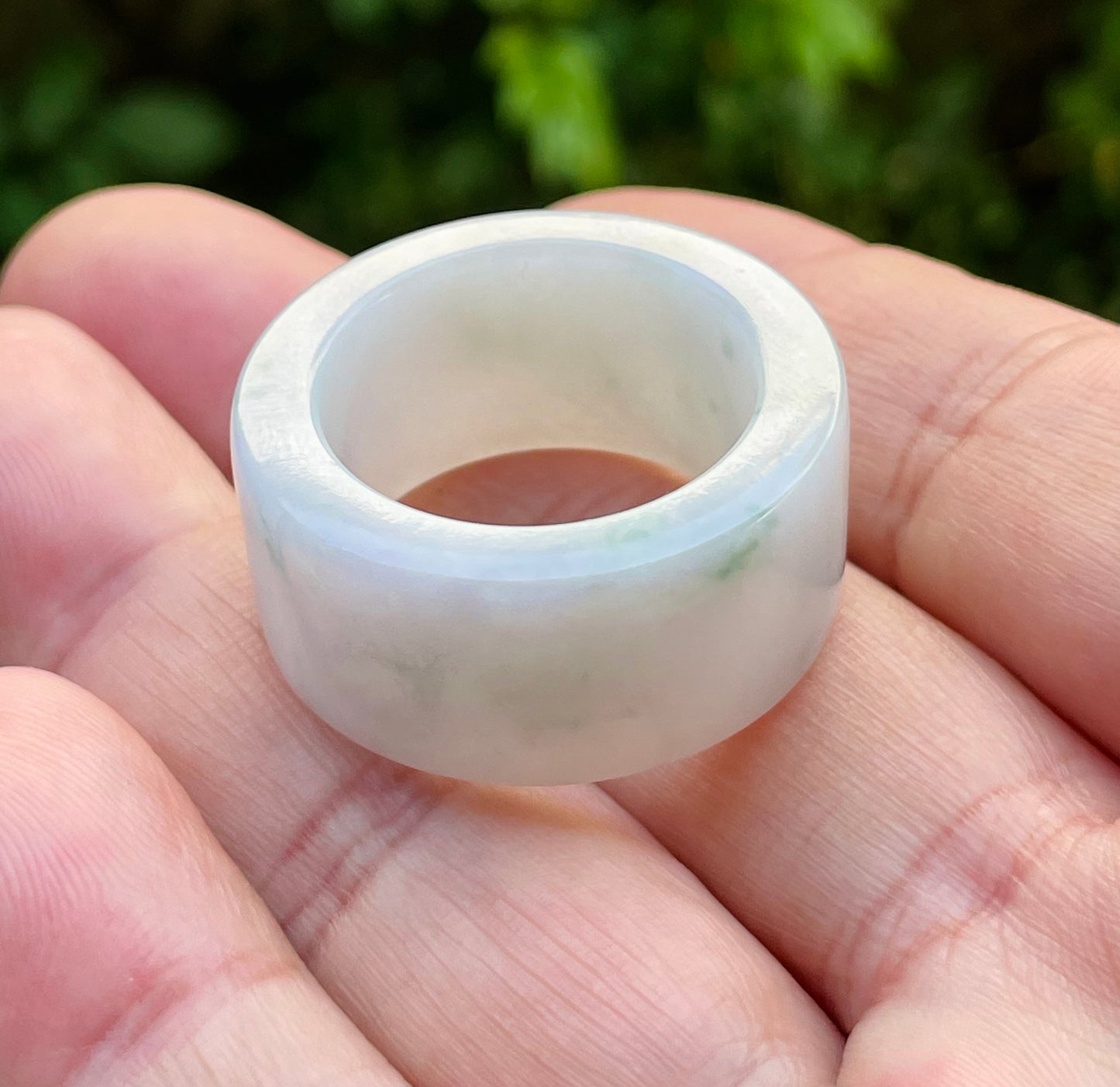 Natural Burmese Jadeite Jade Ring – Icy Milky White & Imperial Green – Wide Tube Thumb/Band Style – Rounded & Polished – JRN024